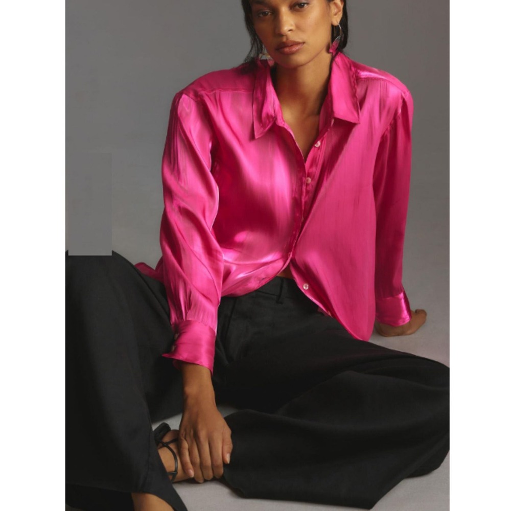 Anthropologie Button Down Shirt Women XS Pink Satin Long Sleeve Blouse New Top